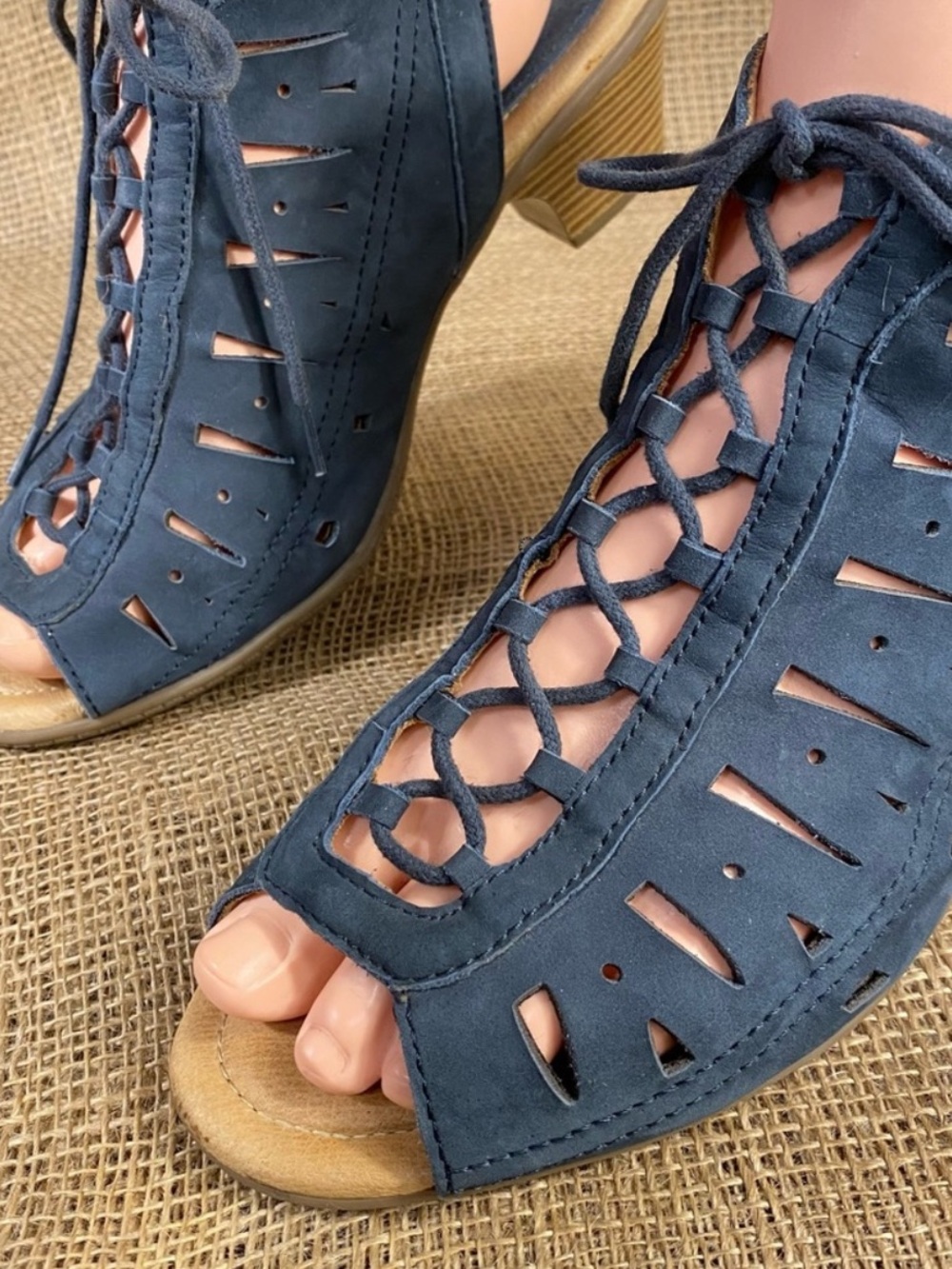 Earth Sandal Gladiator Leather Lace Up Navy Peep Toe Heel Women’s Size 9.5 D